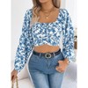 Coolmee Women's Casual Floral Printed Pleated Square Neck Tops Tie Back Cropped Top Summer Long Lantern Sleeve Shirt Blouse S Blue - 4 of 4