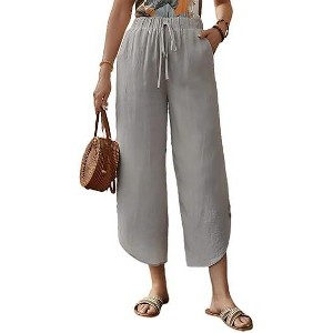 Coolmee Women's Loose Wide Leg Pants Casual Elastic Waisted Palazzo Harem Pants Drawstring Tapered Croppeds Buttons with Pockets - 1 of 4