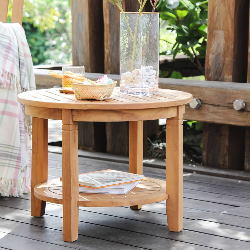 Palma Outdoor Teak Side Table - Cambridge Casual: Weather-Resistant, Round with Shelf, 18" Height