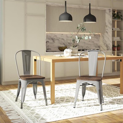 Fusion Metal Dining Chair with Wood Seat in Silver (Set of 2) - DHP