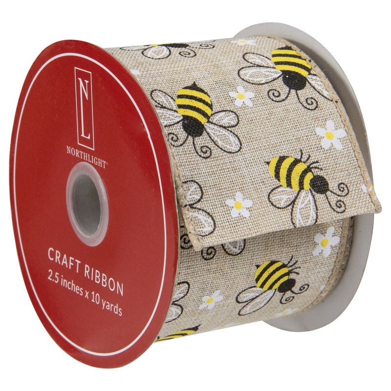 Northlight Natural Burlap Bumblebee Design Wired Spring Craft Ribbon 2.5" x 10 Yards, 3 of 4