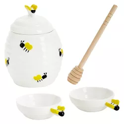 Farmlyn Creek 4 Piece Ceramic Beehive Honey Jar and Dipper Set with 2 Dishes, White, 15oz, 4 x 5.3 In