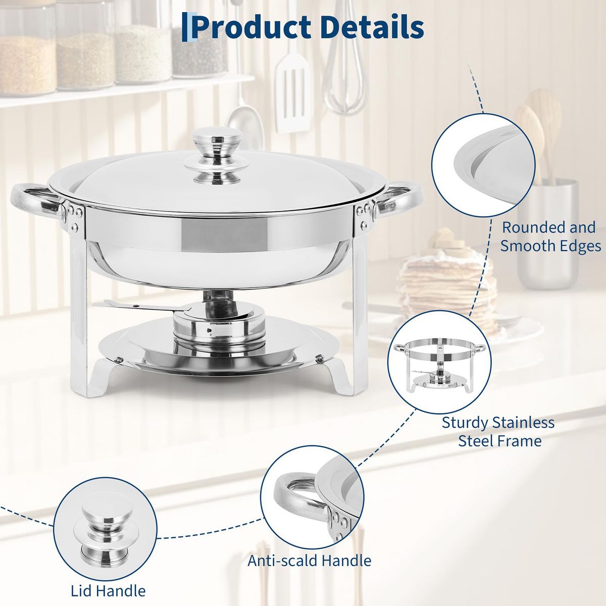 8 Pack Stainless Steel Chafing Dish Set, Includes 8 Qt Rectangle & 5 Qt Round Catering Chafers with Lids, Buffet Food Warmers for Weddings & Events - thumbnail 3
