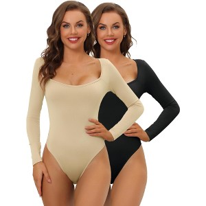 Allegra K Women's Long Sleeve Slim Fit Stretchy 2 Packs Square Neck Adult Bodysuits - 1 of 4