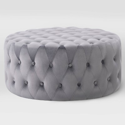 Lynwood Velvet Large Round Tufted Ottoman Gray - CorLiving