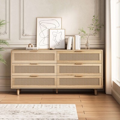 VYNXARIA 59" Natural Rattan Storage Cabinet with 6 Drawers for Bedroom & Living Room