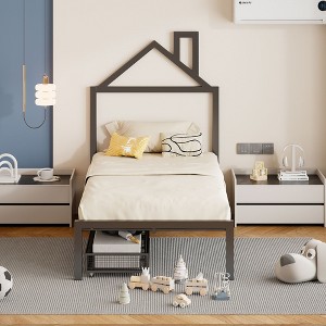 Okak Platform Bed Frame with House-Shaped Headboard and 2 Drawers Metal Storage Bed No Box Spring Needed Easy Assembly - 1 of 4