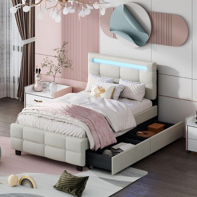 Streamdale Twin Size Upholstered Platform Bed with LED Frame and 2 Drawers, Linen Fabric, Beige