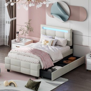 Streamdale Twin Size Upholstered Platform Bed with LED Frame and 2 Drawers, Linen Fabric, Beige - 1 of 4