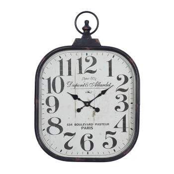 26"x18" Metal Distressed Pocket Watch Style Wall Clock with Ring Finial Black - Olivia & May