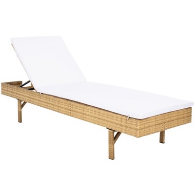 Natural Wicker Outdoor Chaise Lounger with White Cushions