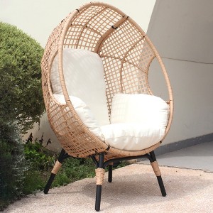 FURNIinspire Patio Accent Chairs Patio Egg Chair With Natural Color Rattan Beige Cushion, Ideal Choice For Relaxation, Brown, 34“*37"*54" - 1 of 4