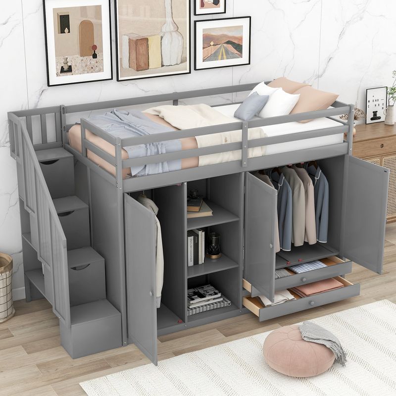 Functional Twin Loft Bed with 3 Shelves, 2 Wardrobes, 2 Drawers and Ladder with Storage-ModernLuxe, 3 of 11