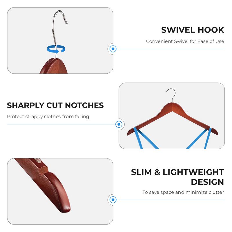 OSTO Premium Wooden Suit Hangers with Rubber Grips, Smooth Finish, Swivel Hook, Notches, and Nonslip Grip, 3 of 5