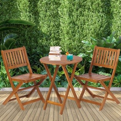 3-Piece Acacia Wood Foldable Table And Chairs, Outdoor Bistro Set, Round Folding Table with 2 Chairs, Collapsible Patio Chat Set – Cuddlewood