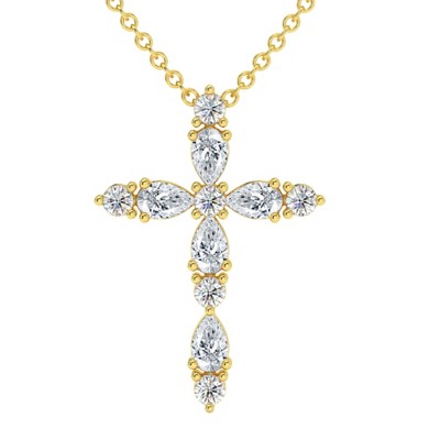 Pompeii3 3/4Ct Diamond Cross Round & Pear Shape 14k Gold Necklace Lab Created 1" Tall