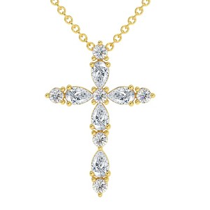 Pompeii3 3/4Ct Diamond Cross Round & Pear Shape 14k Gold Necklace Lab Created 1" Tall - 1 of 2