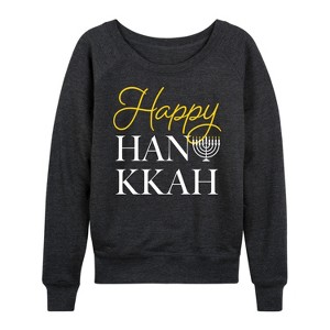 Women's - Instant Message - Happy Hanukkah Lightweight French Terry Wide Neck Long Sleeve Graphic Shirt - 1 of 4