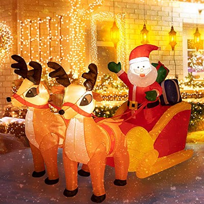 Sunnyglade 4.5 x 7 Ft LED Inflatable Christmas Santa Outdoor Decorations Christmas Reindeer Pull The Sleigh Take Santa Claus Xmas Decoration