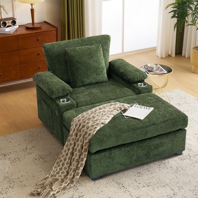 Whisen Modern Oversized Chair with Ottoman, Chenille Fabric Comfy Sofa Bed with Cupholders and USB Charging Ports