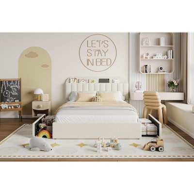 Kids' Fabric Platform Bed with Storage Headboard, 2 Drawers & Bookshelf, No Box Spring Needed, Easy Assembly