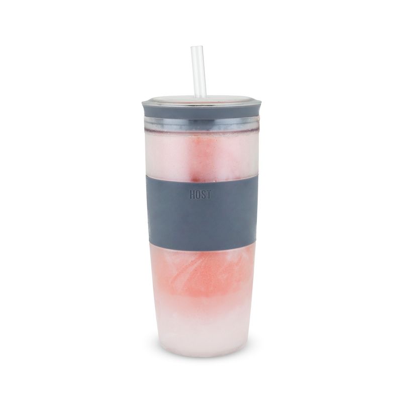 HOST Straw and Lid Plastic Double Wall Insulated Freezable Drink Chilling Tumbler Glasses, 16 oz, Grey, 1 of 13