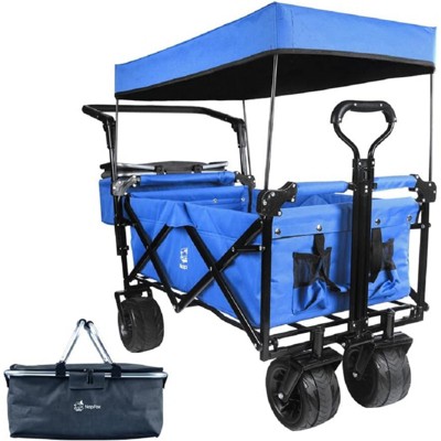 VisioGear 140L Collapsible Wagon with Removable Canopy, Cooler Bag and Wheels for Camping Beach Shopping, Blue, 35"*20"*45"