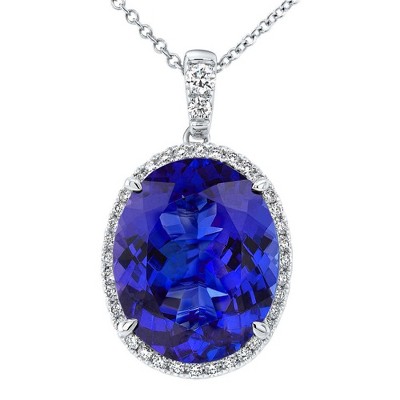 Pompeii3 5 Ct TW Oval Tanzanite & Lab Created Diamond Halo Pendant 14k White Gold Necklace