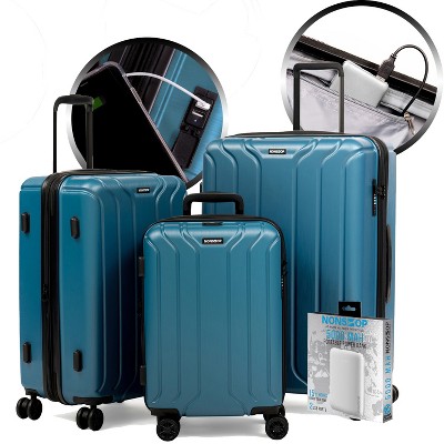 Nonstop New York 3 Piece Set  4-Wheel Luggage Set + PowerBank & 3 packing cubes, Teal