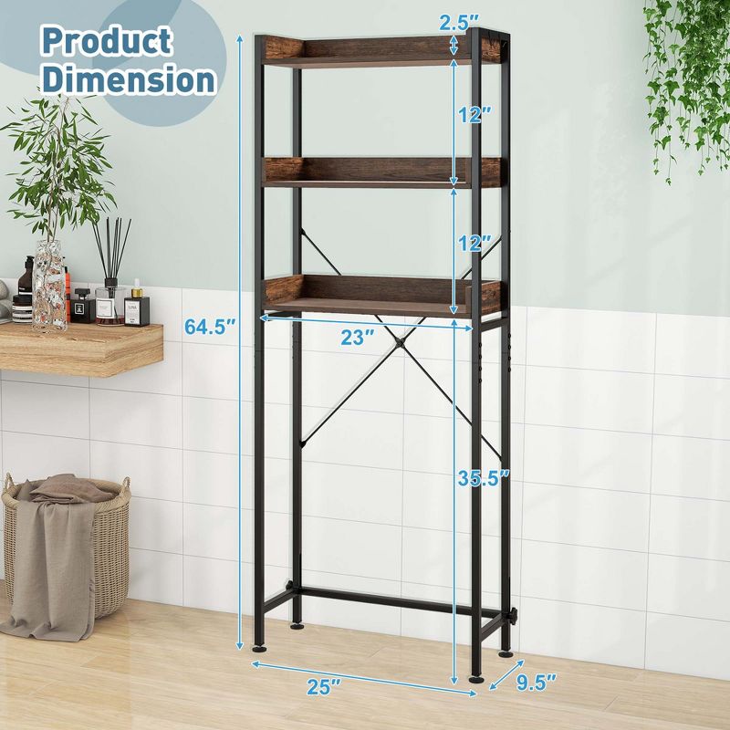 Costway 3-Tier Over-The-Toilet Bathroom Shelf Metal Frame Space Saver Rack with 4 Hooks, 3 of 11