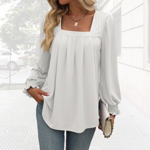 Womens Tops for Fall/Spring Square Neck Long Sleeve Blouse Ruffle Cuffed Pleated Flowy Peasant Blouse Smocked Long Sleeve Tops - 1 of 4