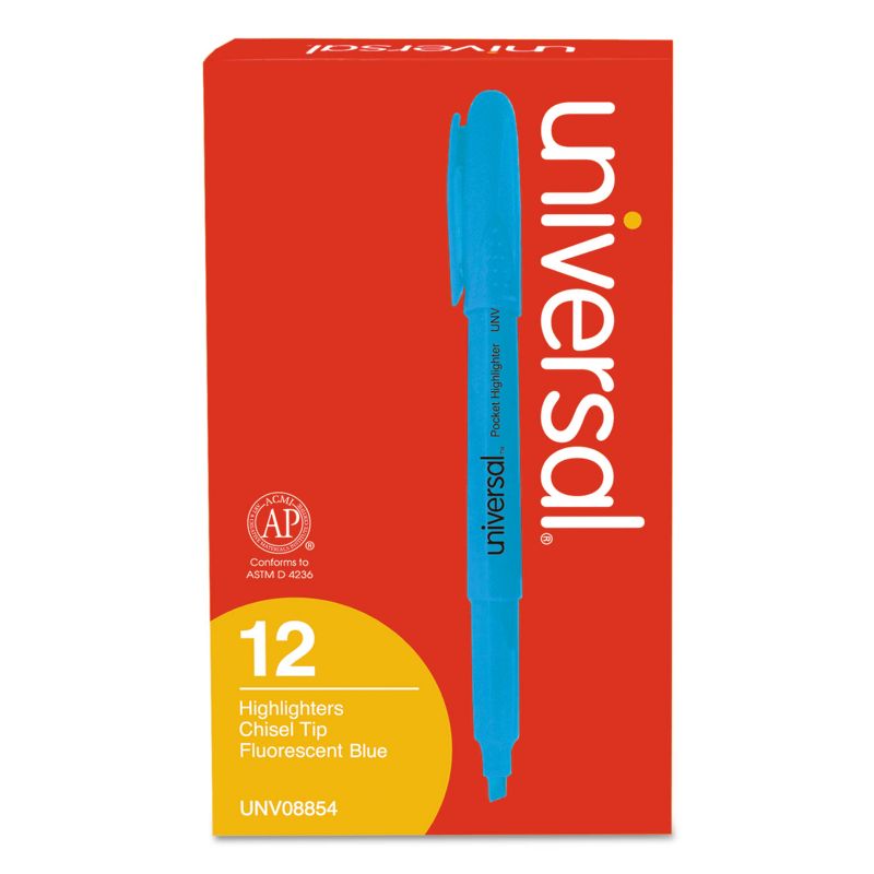 UNIVERSAL Pocket Clip Highlighter Chisel Tip Fluorescent Blue Ink Dozen 08854, 5 of 8