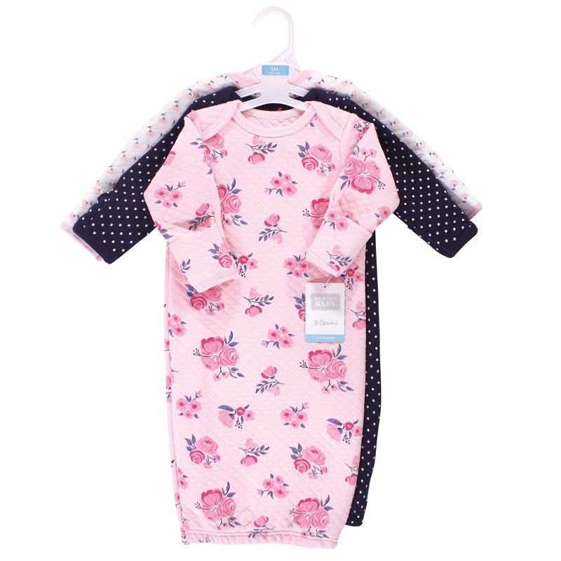Hudson Baby Infant Girl Quilted Cotton Long-Sleeve Gowns 3pk, Pink Navy Floral, 0-6 Months, 3 of 4