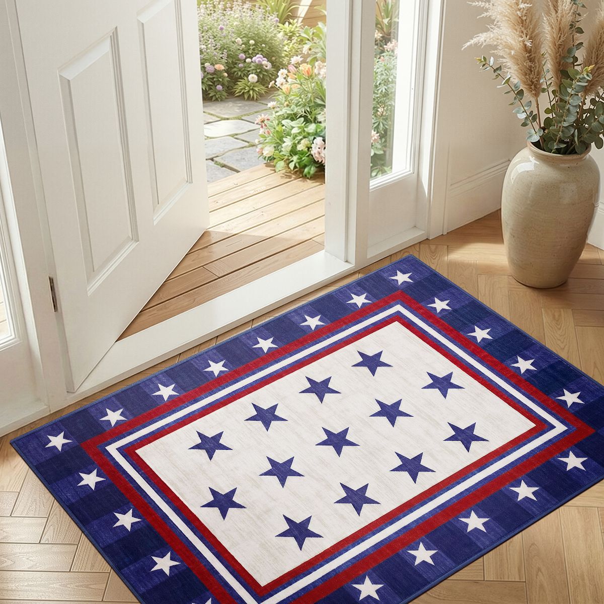 Patriotic Star Border Area Rug, 0.16" Low Pile Machine Washable Non Slip TPR Backing Floor Mat, for Entryway Bedroom Living Room Kitchen