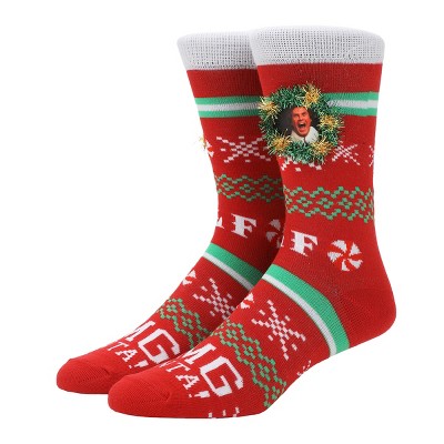 Elf OMG Santa Christmas Sweater Adult Red Casual Crew Socks With 3D Tinsel Wreath