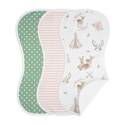 Image of Sweet Jojo Designs Girl Baby Burp Cloths Deer Floral Pink Green and White 3pc