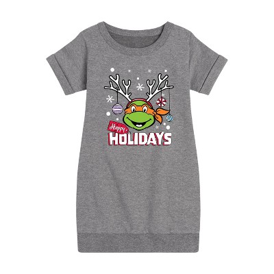 Teenage Mutant Ninja Turtles Happy Holidays Graphic Short Sleeve Fleece Dress - Heather Grey - 3T