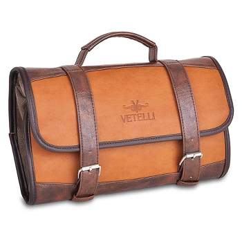Vetelli Foldable Hanging Leather Travel Toiletry Bag for Men with 2 Zippered Internal Pockets, 2 Snap-Fastened Internal Pockets, and Hanging Hook