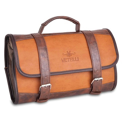 Vetelli Foldable Hanging Leather Travel Toiletry Bag for Men with 2  Zippered Internal Pockets, 2 Snap-Fastened Internal Pockets, and Hanging  Hook