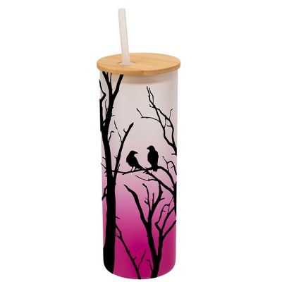 Elanze Designs Birds Resting on Tree Branches Wrap-Around Design 25 Ounce Frosted Gradient Glass On-The-Go Coffee Travel Skinny Tumbler Mug Cup,