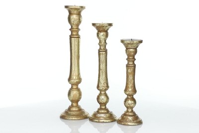 Classic Bronze and Wood Pillar Candle Holders Set of 3