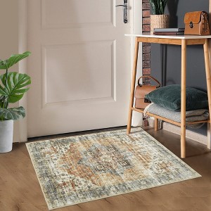 Washable Vintage Persian Area Rug Floral Print Distressed Oriental Rug - 1 of 4