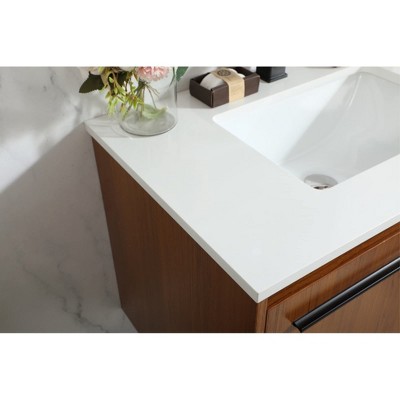 Teak Floating Bathroom Vanity with Quartz Top and Black Handles