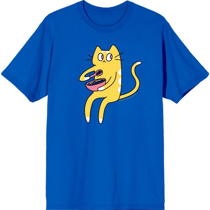 Derpy Kitty Cat With Pink Bowl Men's Blue Crew Neck Short Sleeve Tee-Large, 1 of 2