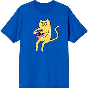 Derpy Kitty Cat With Pink Bowl Men's Blue Crew Neck Short Sleeve Tee-Large