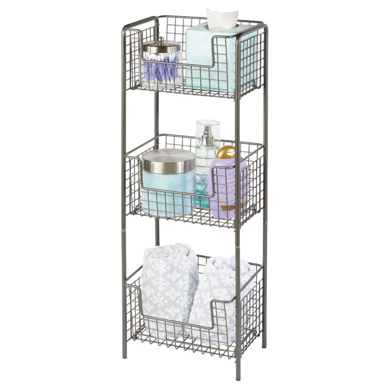 mDesign Steel Freestanding 3-Tier Storage Organizer Tower with Baskets, 1 of 8
