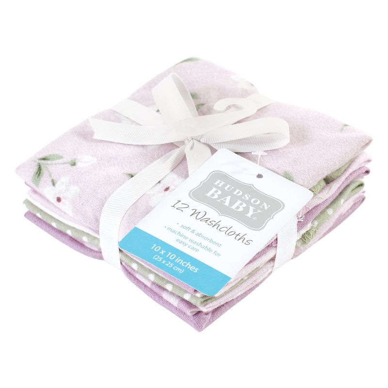 Hudson Baby Infant Girl Flannel Cotton Washcloths, Purple Dainty Floral 12 Pack, One Size, 2 of 9