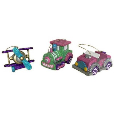 Kurt S. Adler 3ct Fairy Whispers Planes Trains and Automobiles Christmas Ornament Set 3" - Blue/Purple