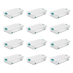 Sterilite 56 Quart Latching Stackable Under Bed or Closet Storage Box Container Bins with Secure Lid and Wheels, Clear (12 Pack)