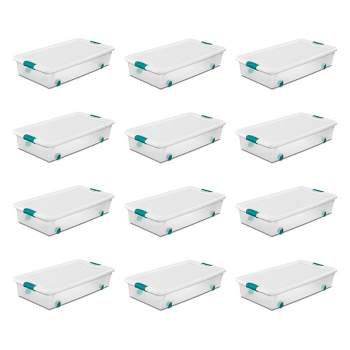 Sterilite 56 Qt Wheeled Latching Storage Box Stackable Bin with Latch Lid, Plastic Container to Organize Shoes Underbed, Clear with White Lid, 12-Pack